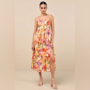 Lulus Olesia Yellow Abstract Floral Print Tiered Midi Dress